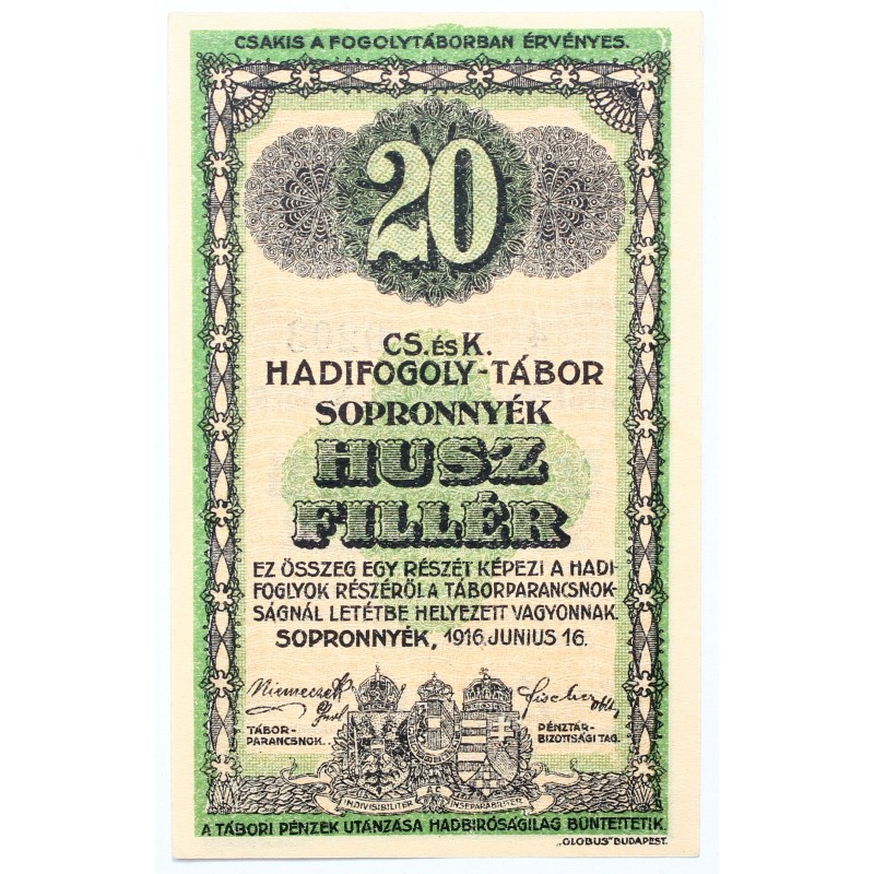 Hadifogolytábor Sopronnyék 20 fillér 1916 Arab sorozatszám