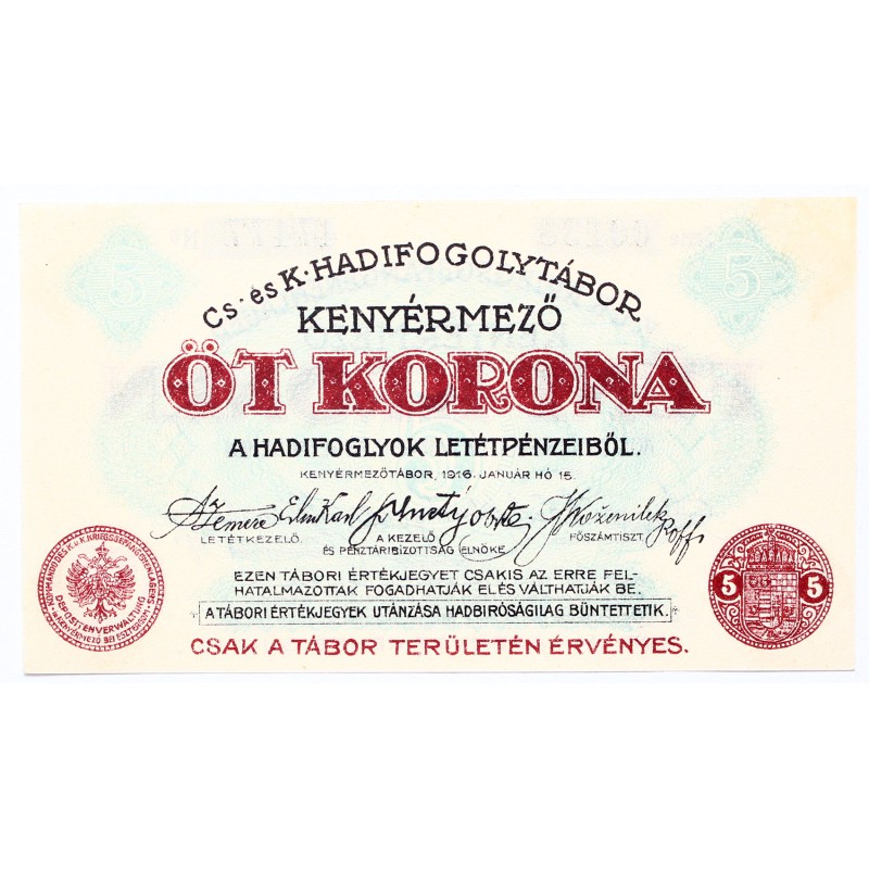 Hadifogolytábor Kenyérmező 5 korona 1916