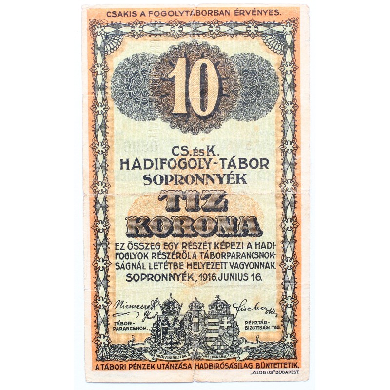 Hadifogolytábor Sopronnyék 10 korona 1916 Arab sorozatszám