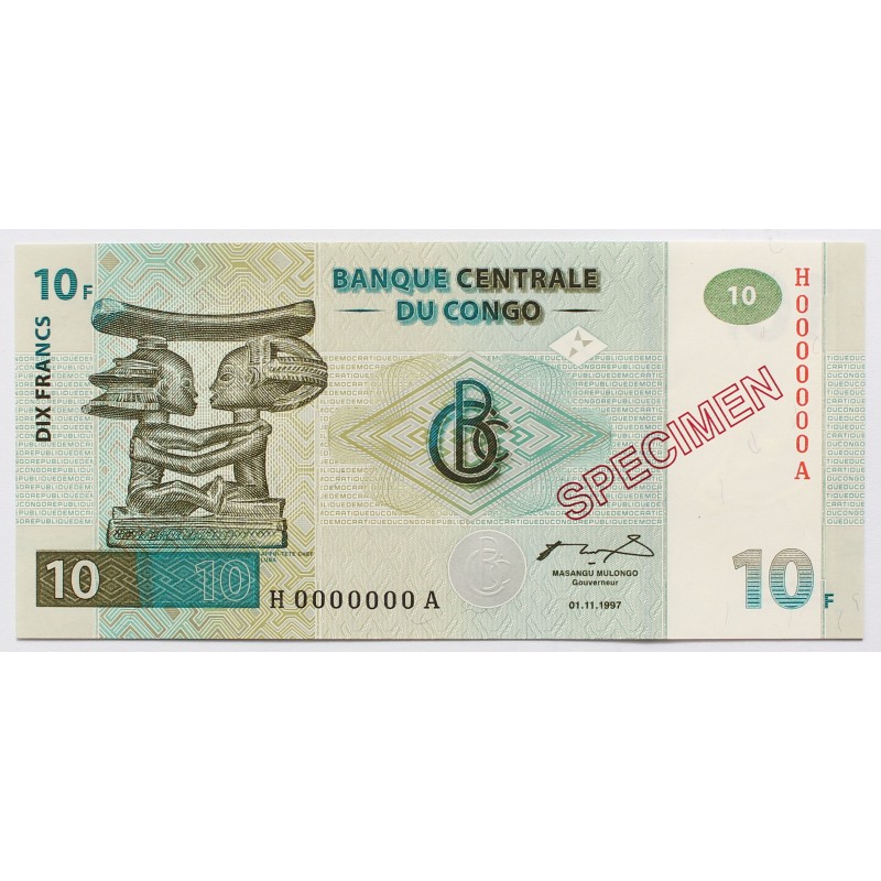 Kongó 10 frank 1997 SPECIMEN MINTA
