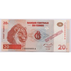 Kongó 20 frank 1997 Specimen Minta