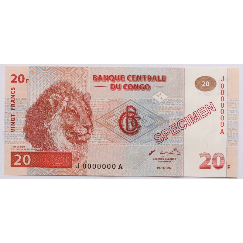Kongó 20 frank 1997 Specimen Minta