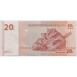 Kongó 20 frank 1997 Specimen Minta