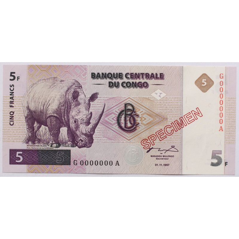 Kongó 5 frank 1997 Specimen Minta
