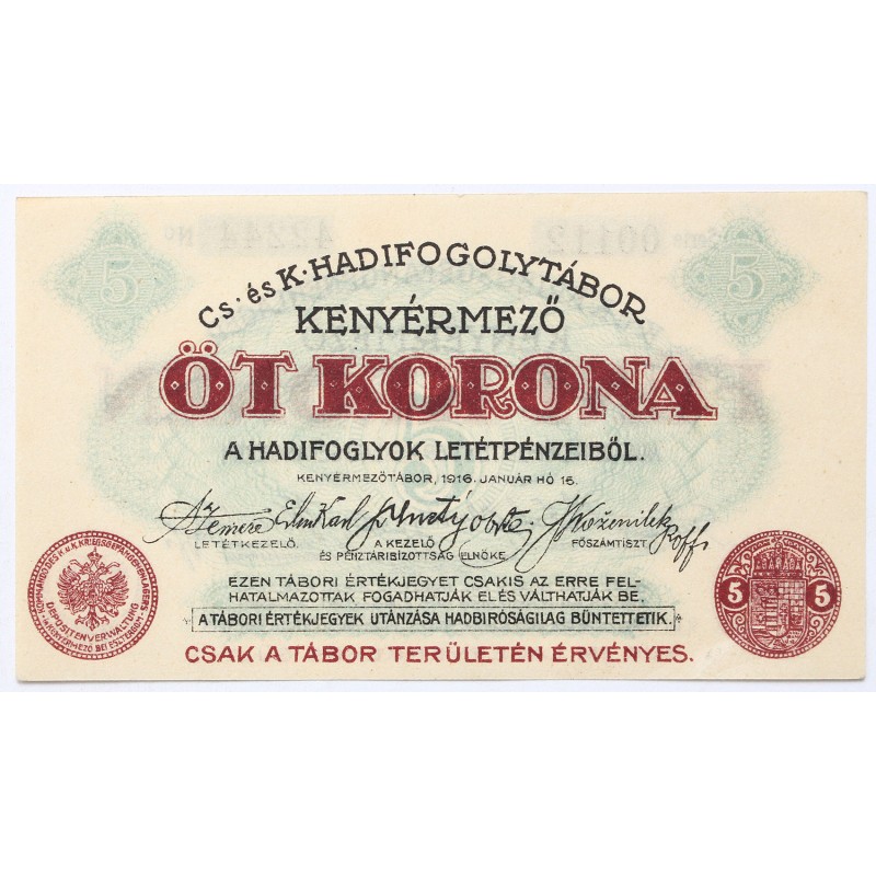 Hadifogolytábor Kenyérmező 5 korona 1916