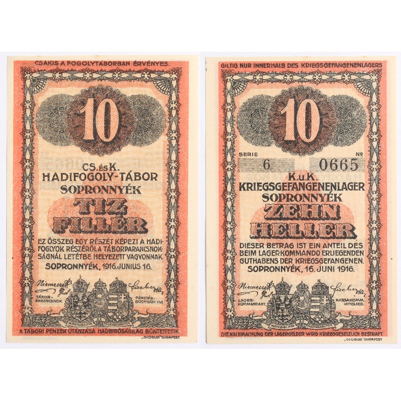 Hadifogolytábor Sopronnyék 10 fillér 1916 arab sorozatszám