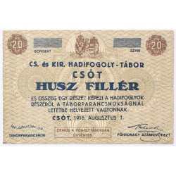 Hadifogolytábor Csót 20 fillér 1916 sor és sorozatszám nélkül