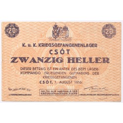 Hadifogolytábor Csót 20 fillér 1916 sor és sorozatszám nélkül