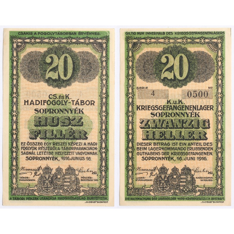 Hadifogolytábor Sopronnyék 20 fillér 1916 arab sorozatszám