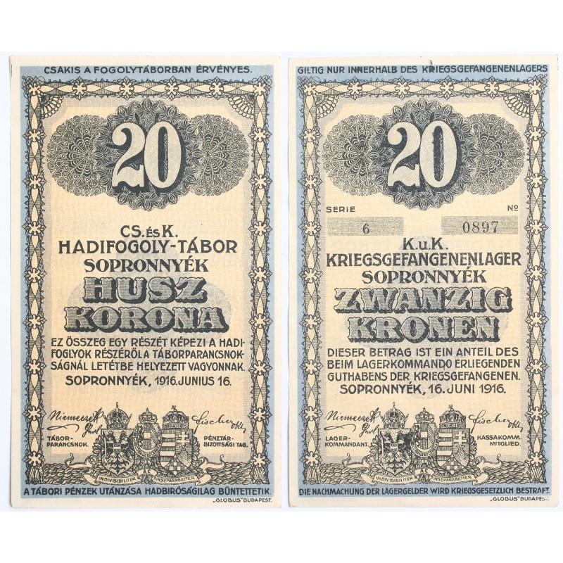 Hadifogolytábor Sopronnyék 20 korona 1916 arab sorozatszám
