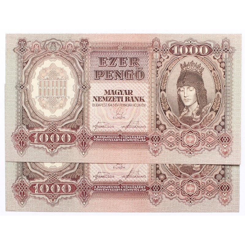 1000 pengő 1943 2db sorszámkövető