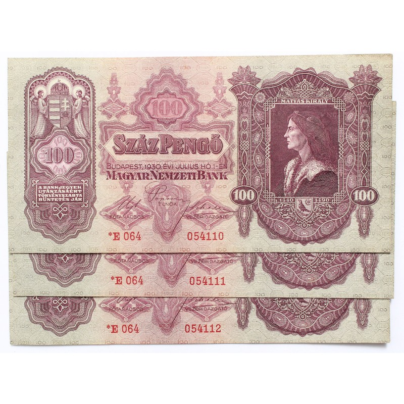 100 pengő 1930 csillagos 3db sorszámkövető