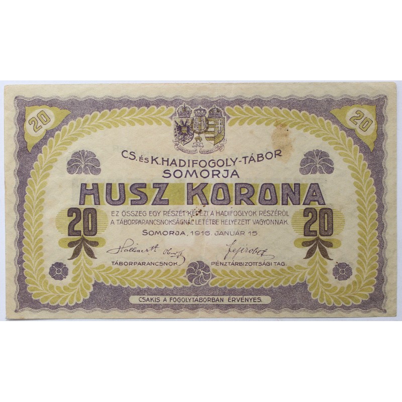 Hadifogolytábor Somorja 20 korona 1916