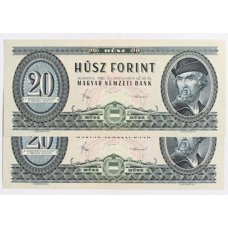 20 forint 1980 2db sorszámkövető