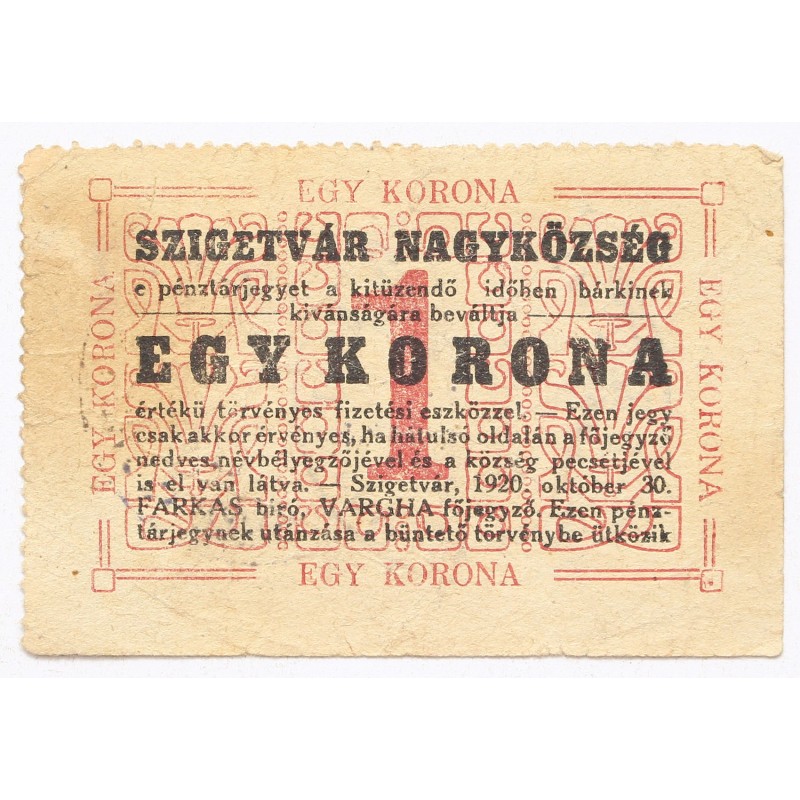 Szigetvár 1 korona 1920