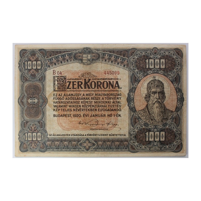 1000 Korona 1920 Barna sor és sorozatszám